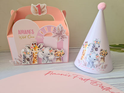 Wild One Pink Safari Animals Party Box