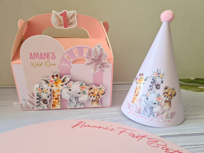 Wild One Pink Safari Animals Party Box