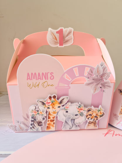 Wild One Pink Safari Animals Party Box