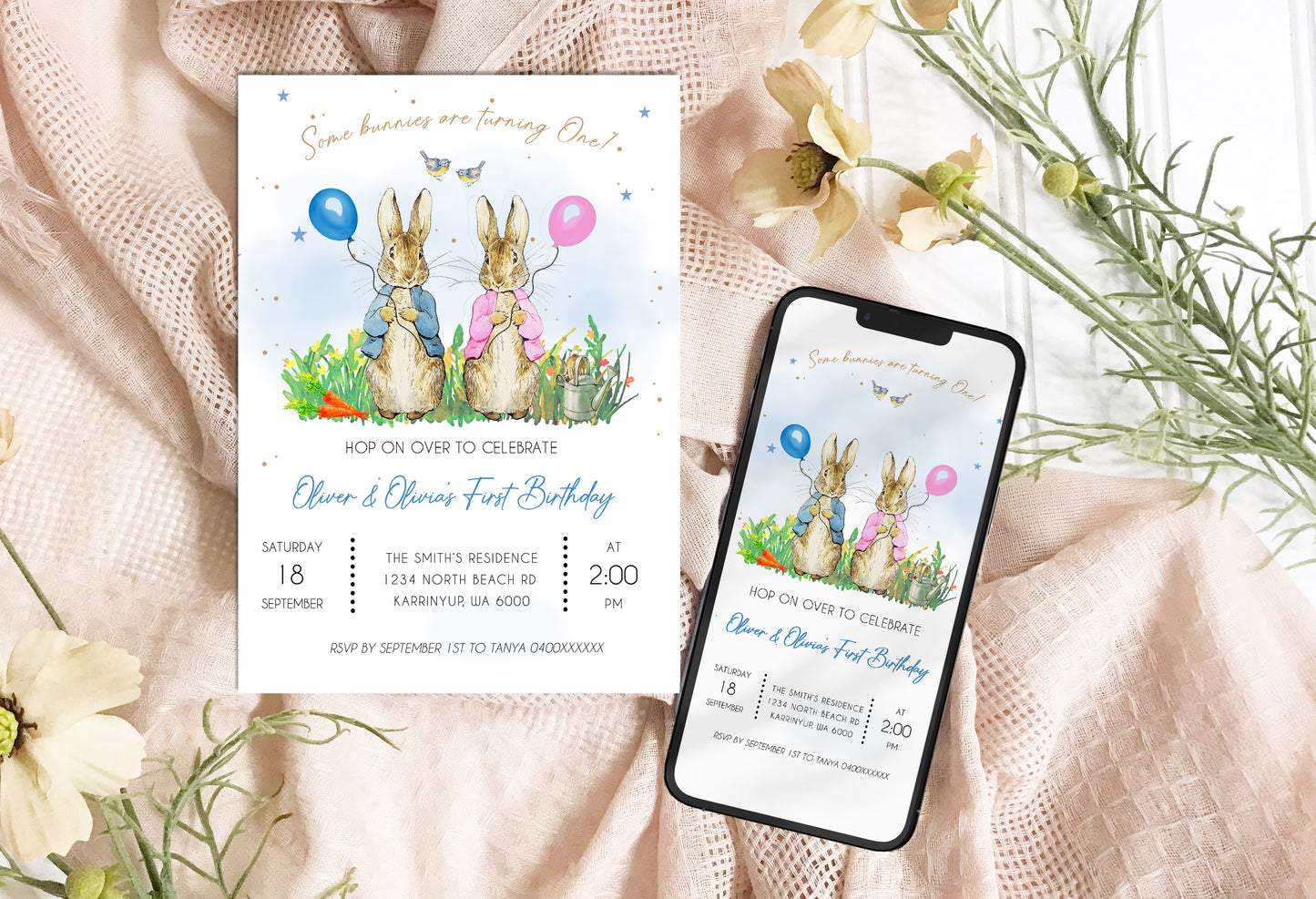 Twin Boy & Girl Peter Rabbit Birthday Digital Invitation